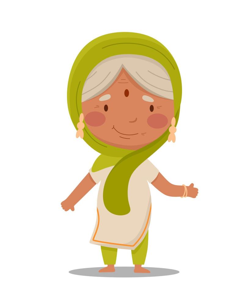 Indian older woman granny is sweet and cheerful. Vector illustration in a flat cartoon style