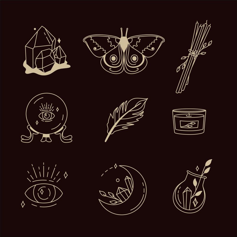 Magical symbols set of doodles esoteric boho mystical hand-drawn elements stone crystals. In gold color on a black background. Magical vector elements