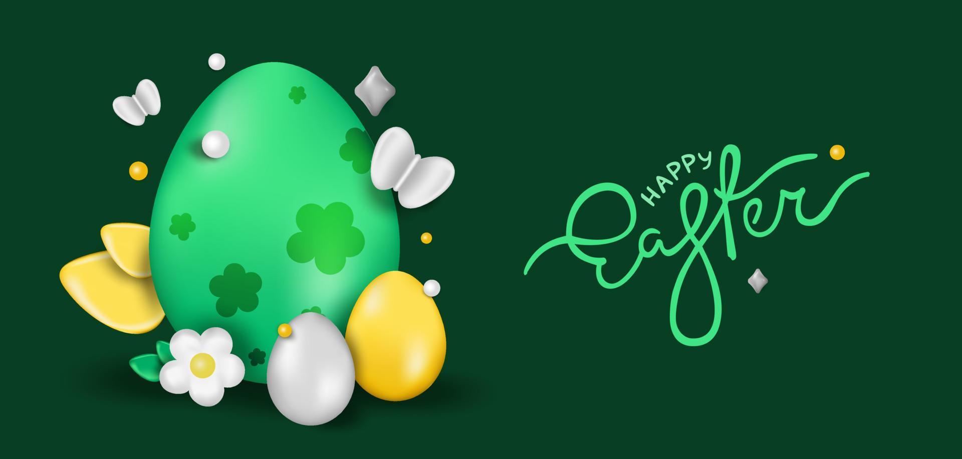 Easter day design. Realistic Easter eggs on a green background. Holiday banner, web poster, flyer, stylish brochure, greeting card, cover. Vector Easter background