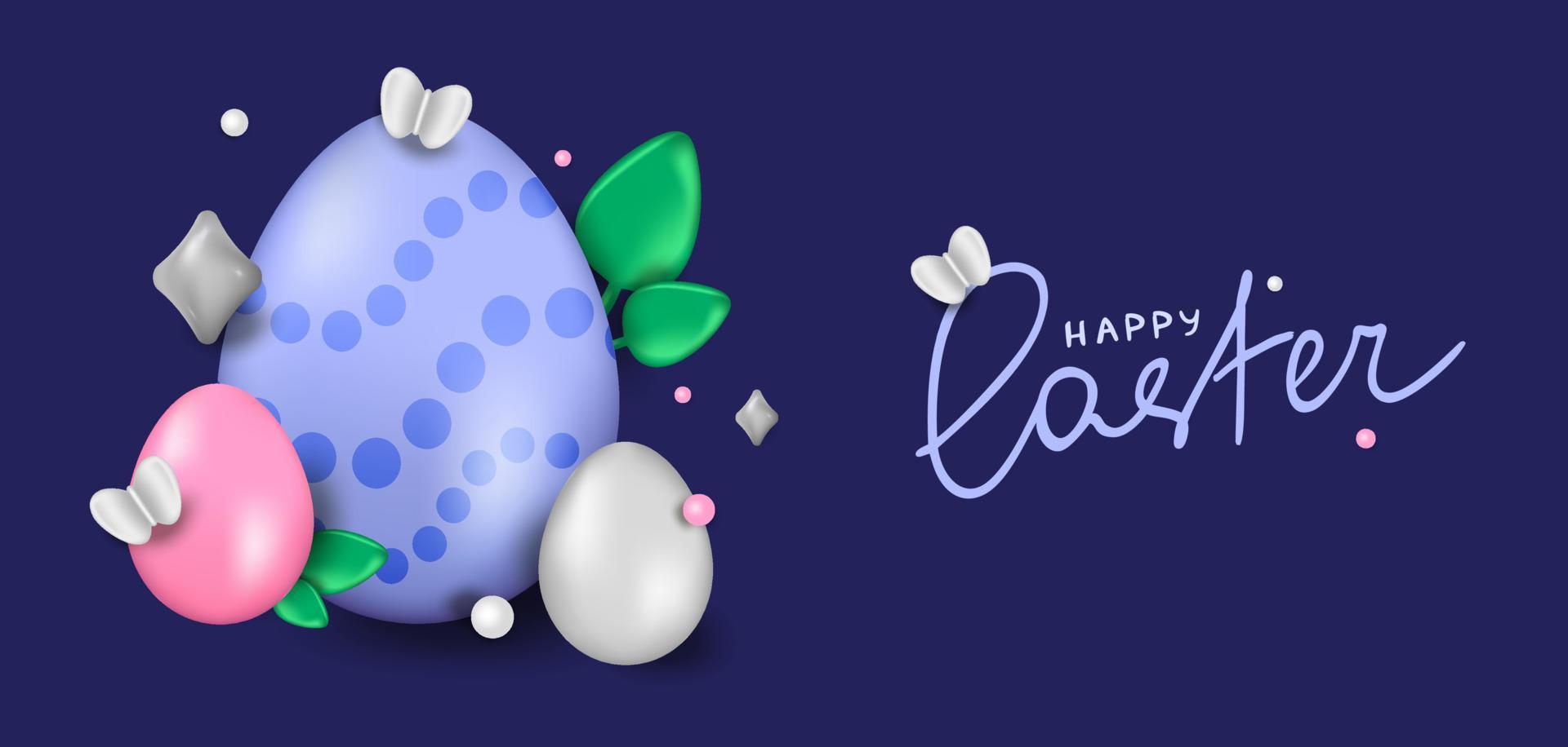 Easter day design. Realistic Easter eggs on a blue background. Holiday banner, web poster, flyer, stylish brochure, greeting card, cover. Vector Easter background