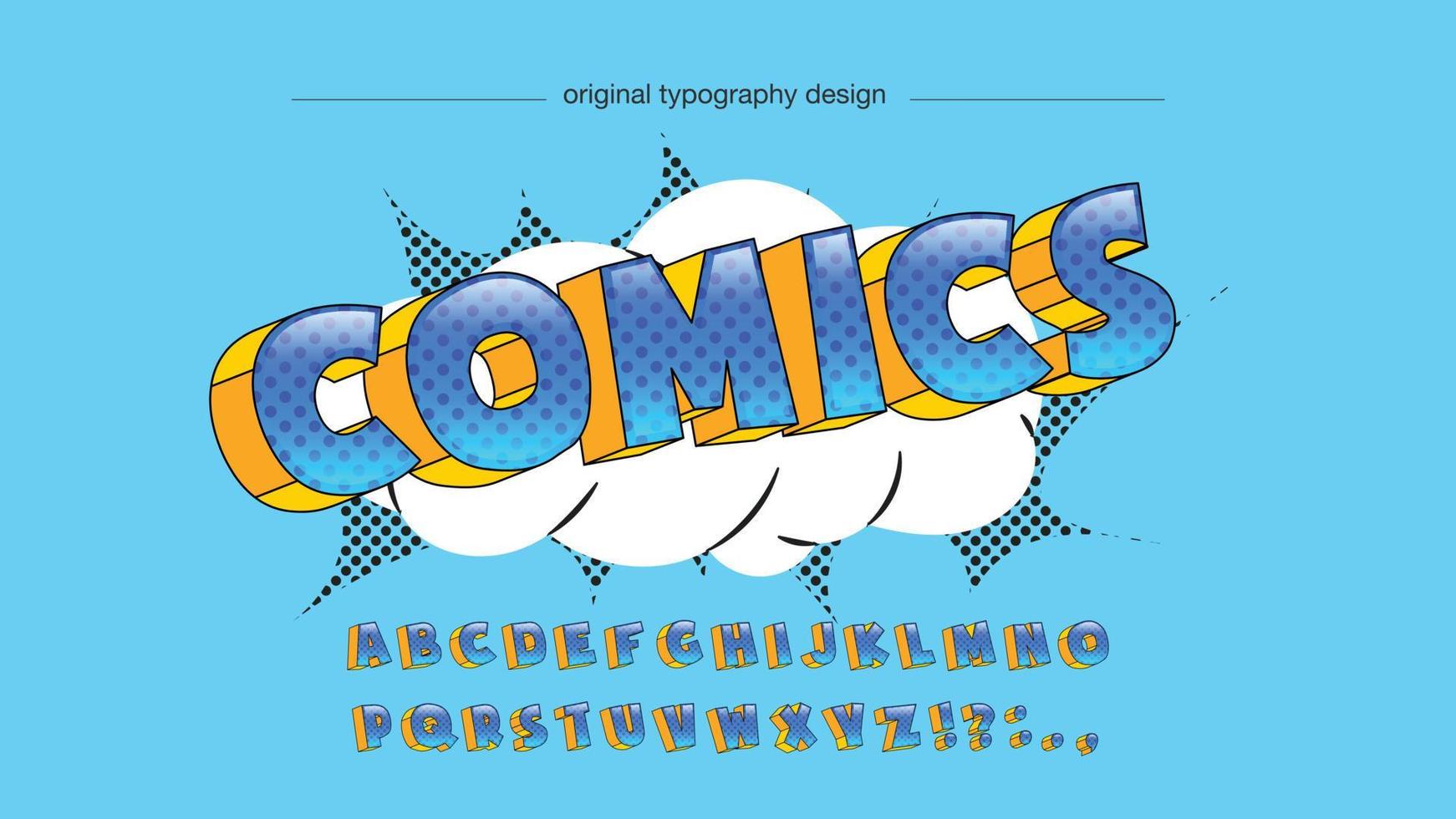 fuente de dibujos animados de cómics 3d con puntos azules y amarillos vector