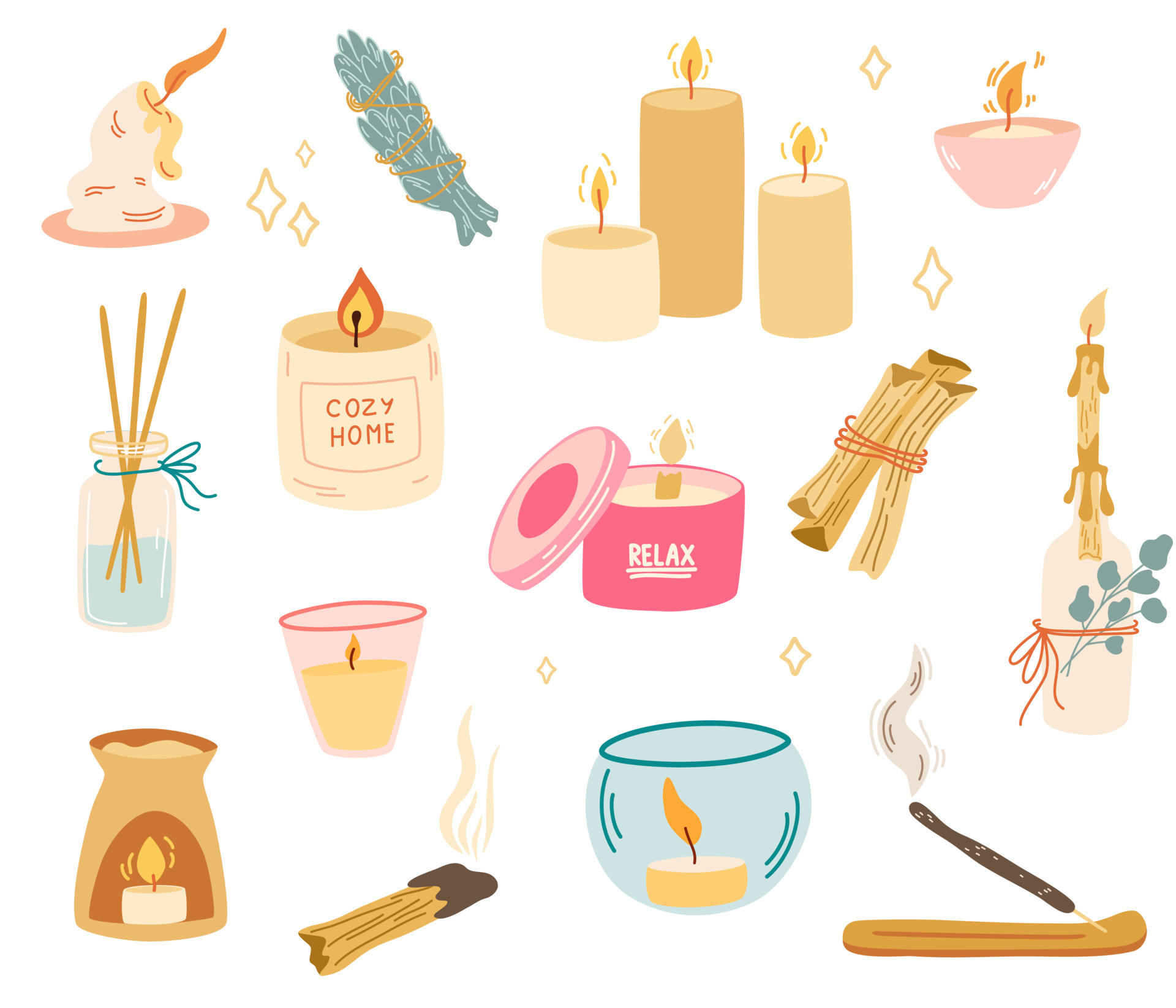 Candles and incense collection. Aromatherapy accessories. Essential oil