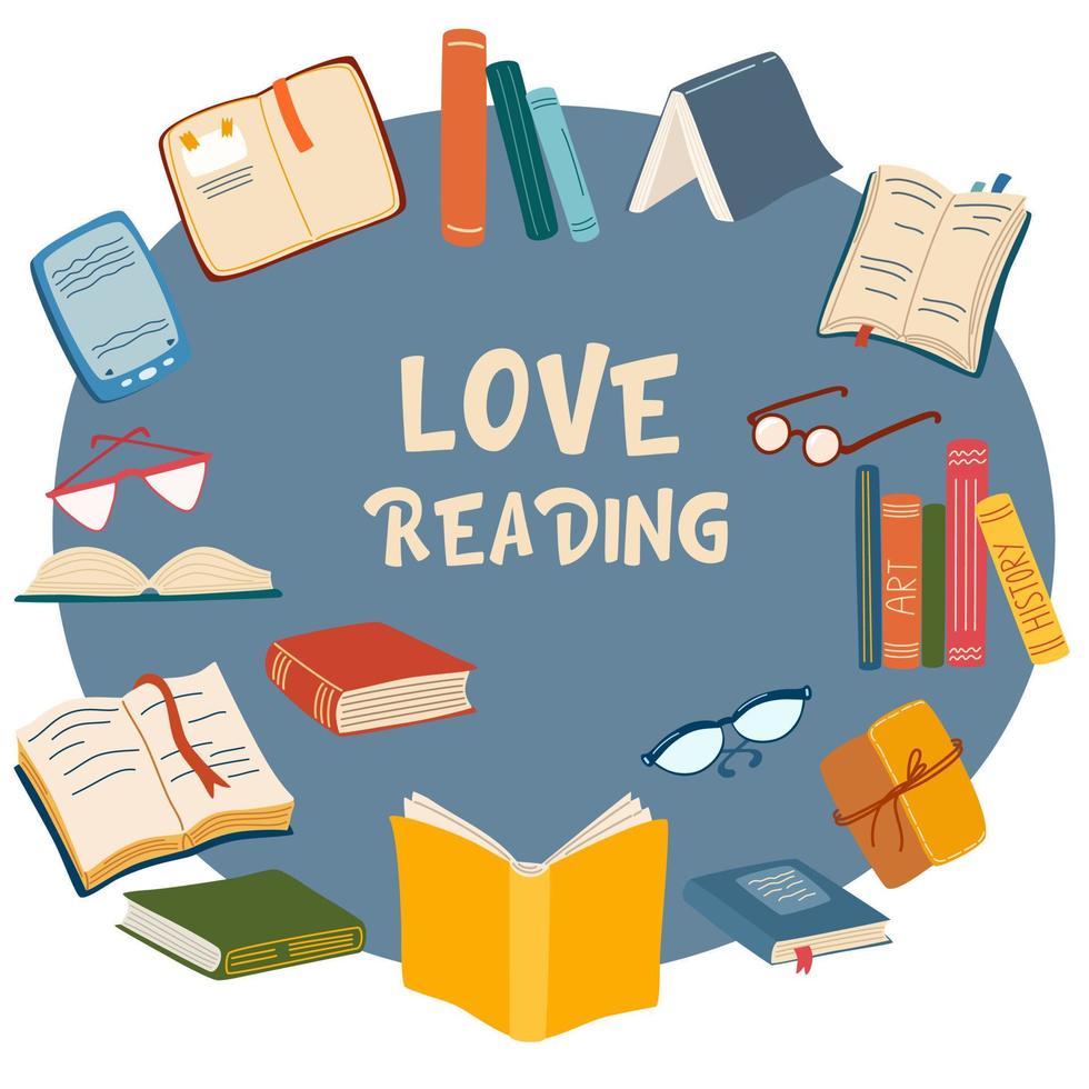 Books set. Love reading concept. Circle with flying books, opened, closed, stack. Public library, literature and readers concept. Education and knowledge flat hand drawn vector illustration.