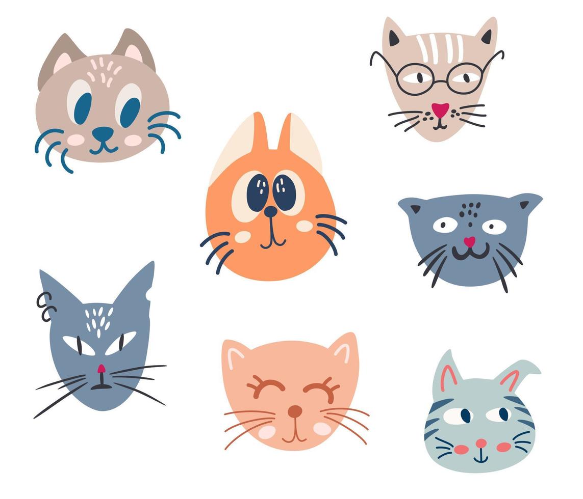 Cats face set. Cartoon cat or kitty characters design collection. Adorable Funny pet animals. Perfect for kids design, fabric, packaging, wallpaper, textiles, clothing. Vector illustration