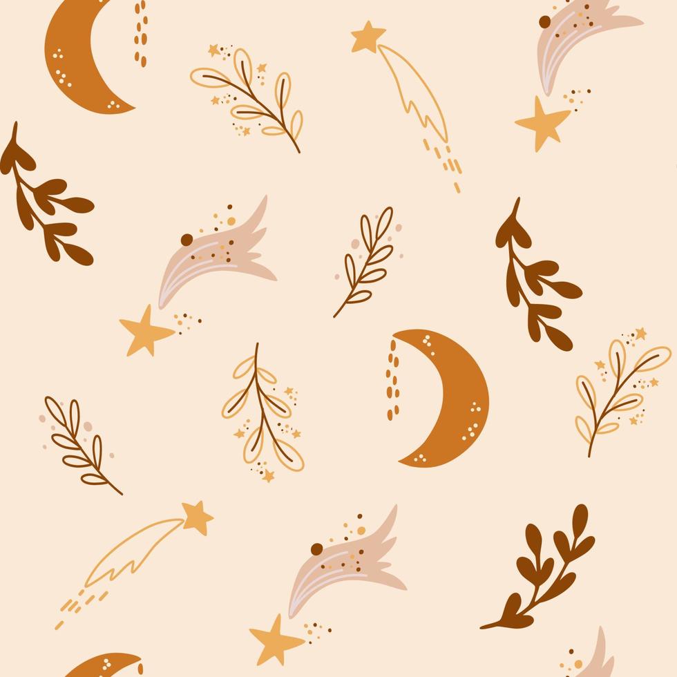 Stars and month boho seamless pattern. Abstract Hand Draw Background in boho style. Great for fabric, papers, covers, interior decor textile. Vector cartoon illustration