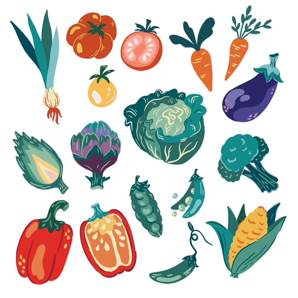 conjunto de verduras. comida fresca, concepto de comida saludable. ilustración de vector plano de dibujos animados aislado sobre fondo blanco.