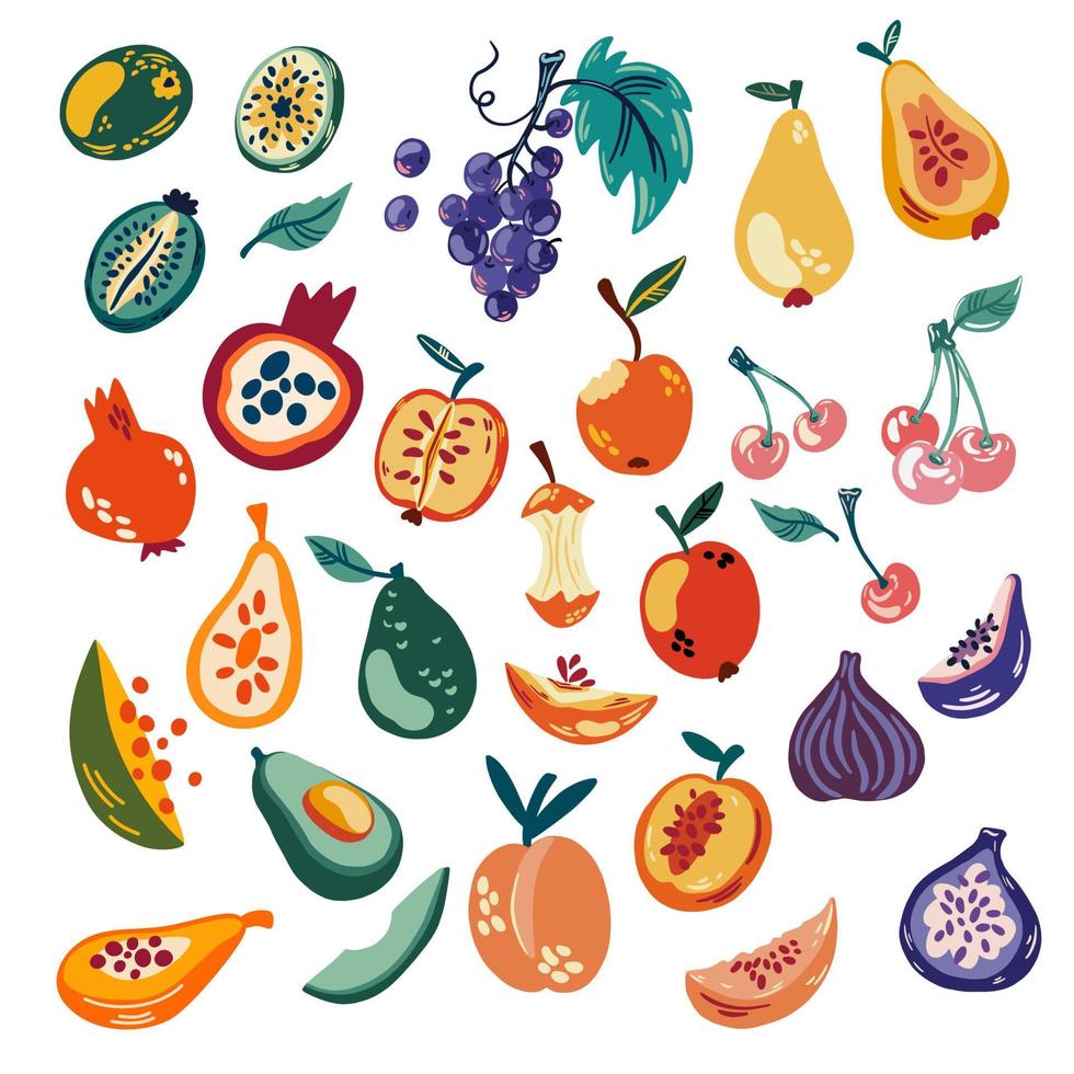 Fruits set. Fresh food, healthy food concept. Cartoon flat vector illustration isolated on white background.