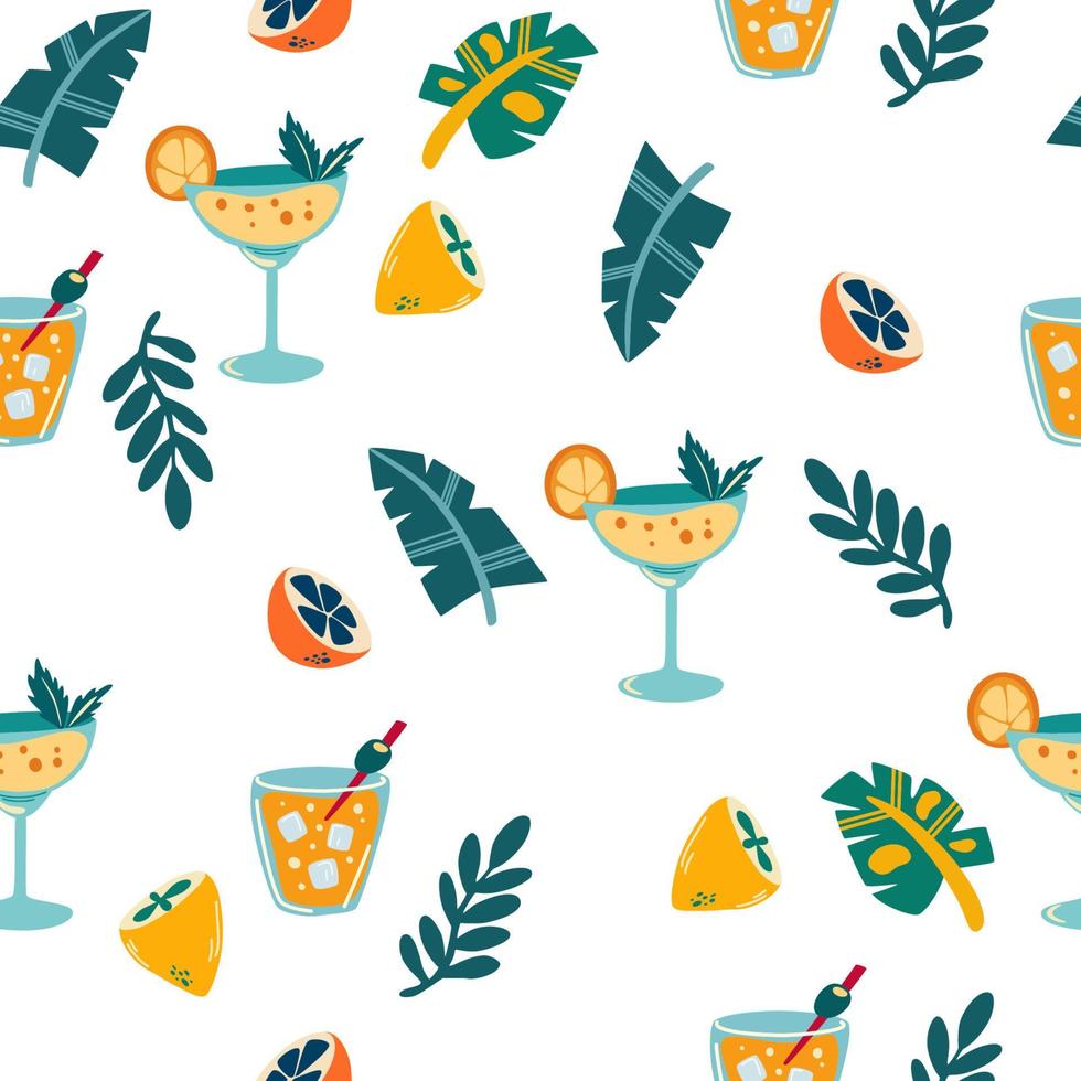 Tropical cocktails seamless pattern. Citrus, palm leaves, margarita. Summer fun hand drawn background. Great for decoration flyers, banners, wallpapers, print products. Vector cartoon illustration.