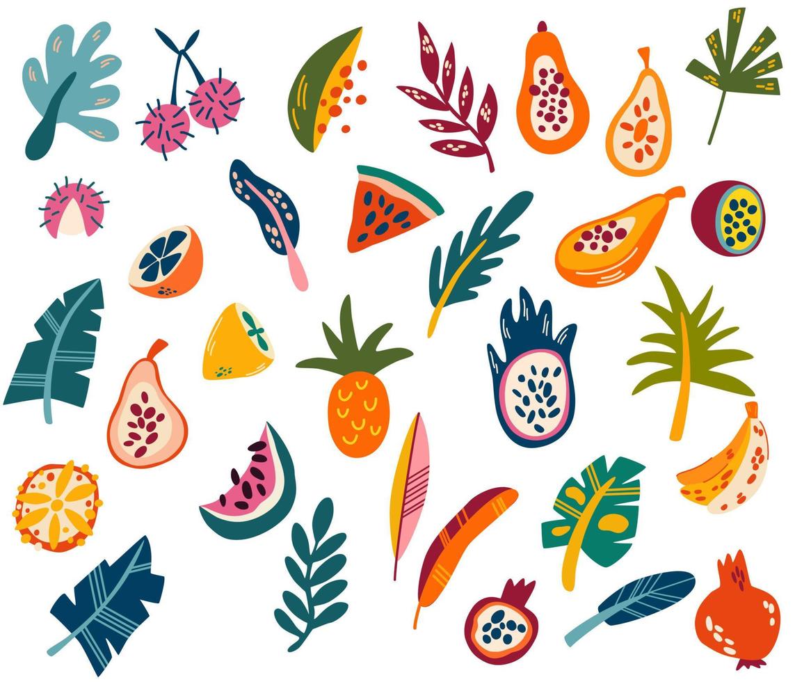 frutas tropicales y hojas. frutas orgánicas o comida vegetariana. fruta dulce natural, cocina vegana. alimentos saludables y vitaminas. ilustración de dibujos animados vectoriales. vector