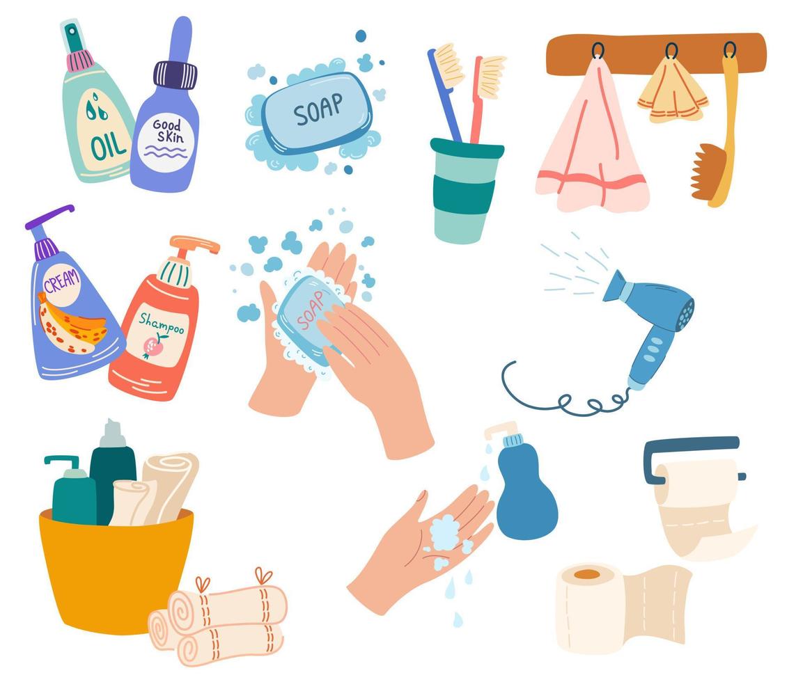 accesorios de baño. toallas, champú, crema, aceite, cepillos de dientes, jabón, secador de pelo y papel higiénico. elementos de baño para la higiene personal y el cuidado corporal cotidiano. ilustración vectorial plana de dibujos animados vector