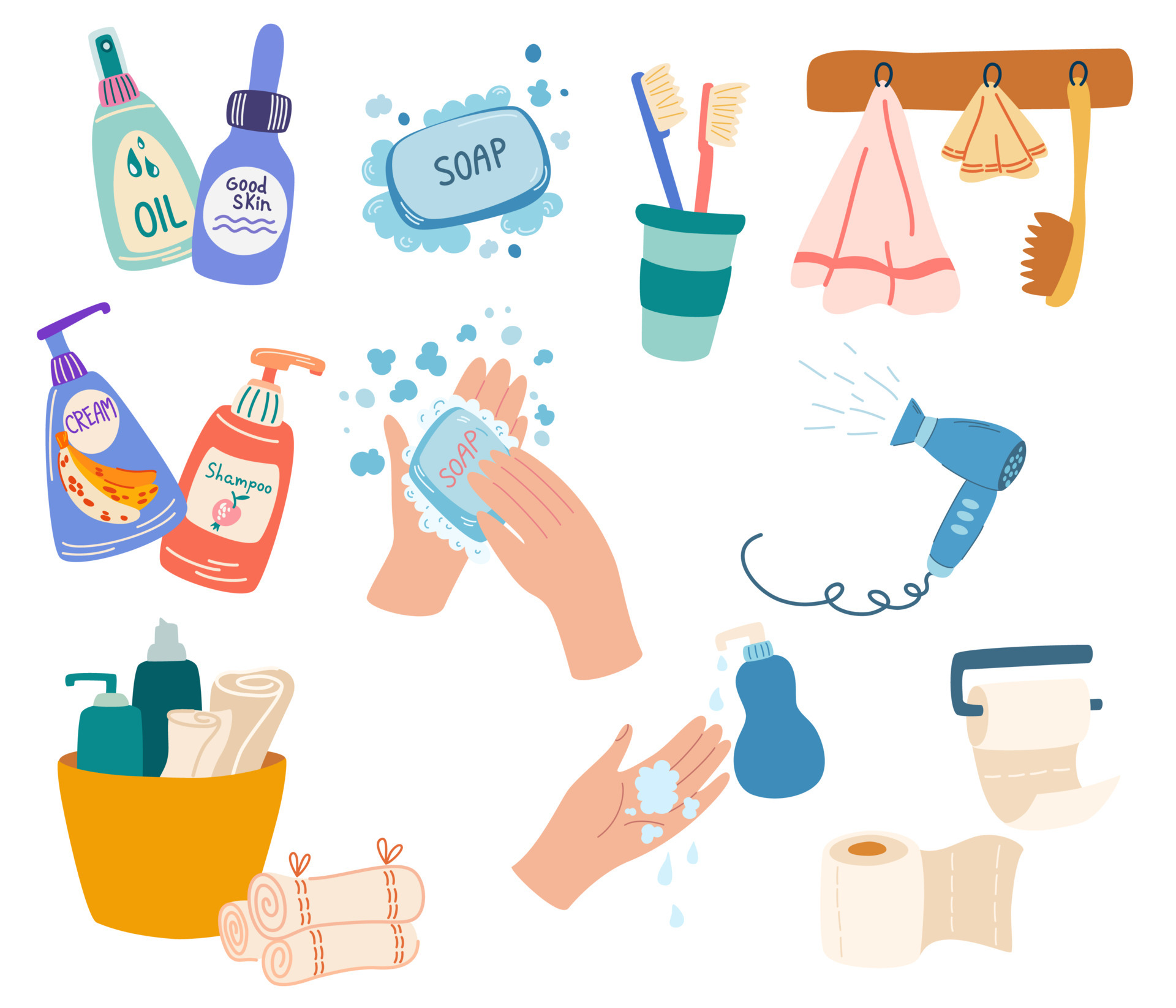 Bathroom accessories. Towels, shampoo, cream, oil, toothbrushes, soap, hair  dryer and toilet paper. Personal hygiene and everyday body care bathroom  elements. Cartoon flat vector illustration 5488809 Vector Art at Vecteezy