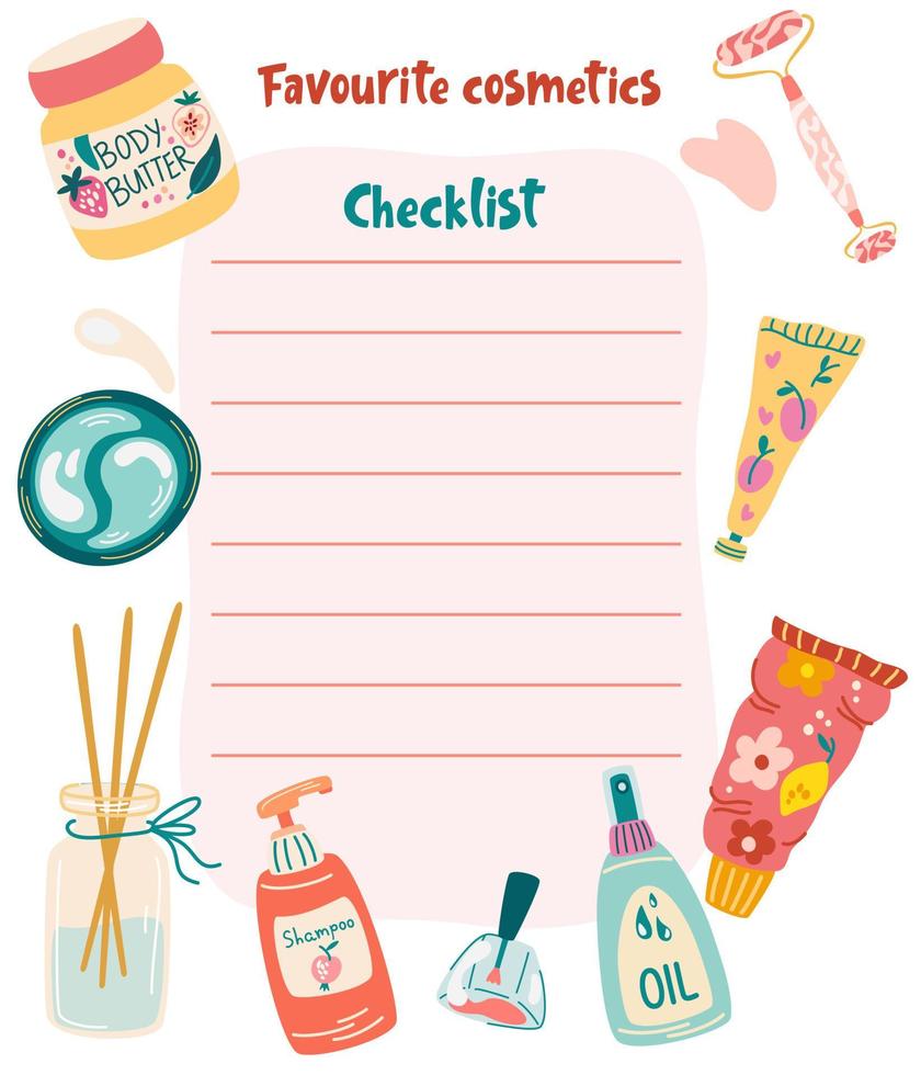 lista de verificación de cosméticos. juego de sábanas de belleza y maquillaje. autocuidado para hacer la lista, planificador de lista de verificación. tarjetas de notas semanales o diarias con procedimientos cosméticos cotidianos. ilustración de dibujos animados vectoriales. vector