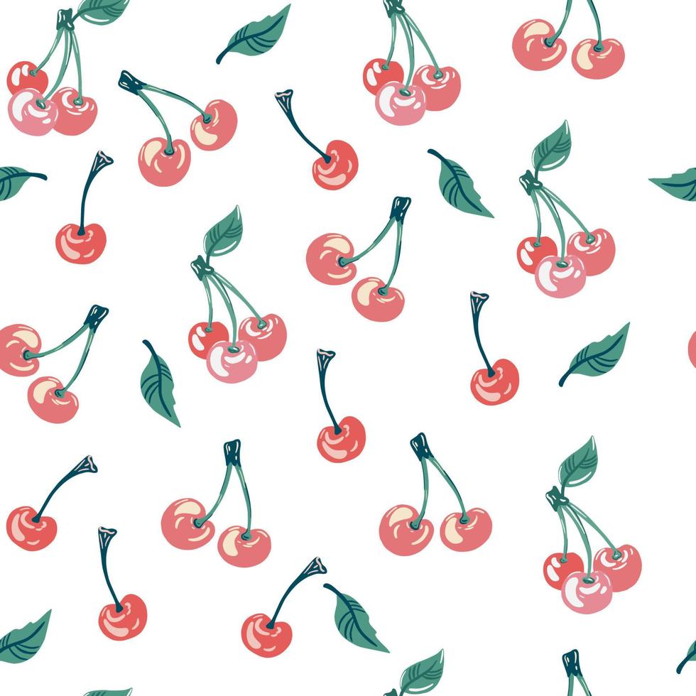 Cherry seamless pattern. Fresh Fruits, food, healthy food concept. Good for textile, wrapping, wallpapers, etc. Sweet red ripe cherries isolated on white background. Vector illustration.