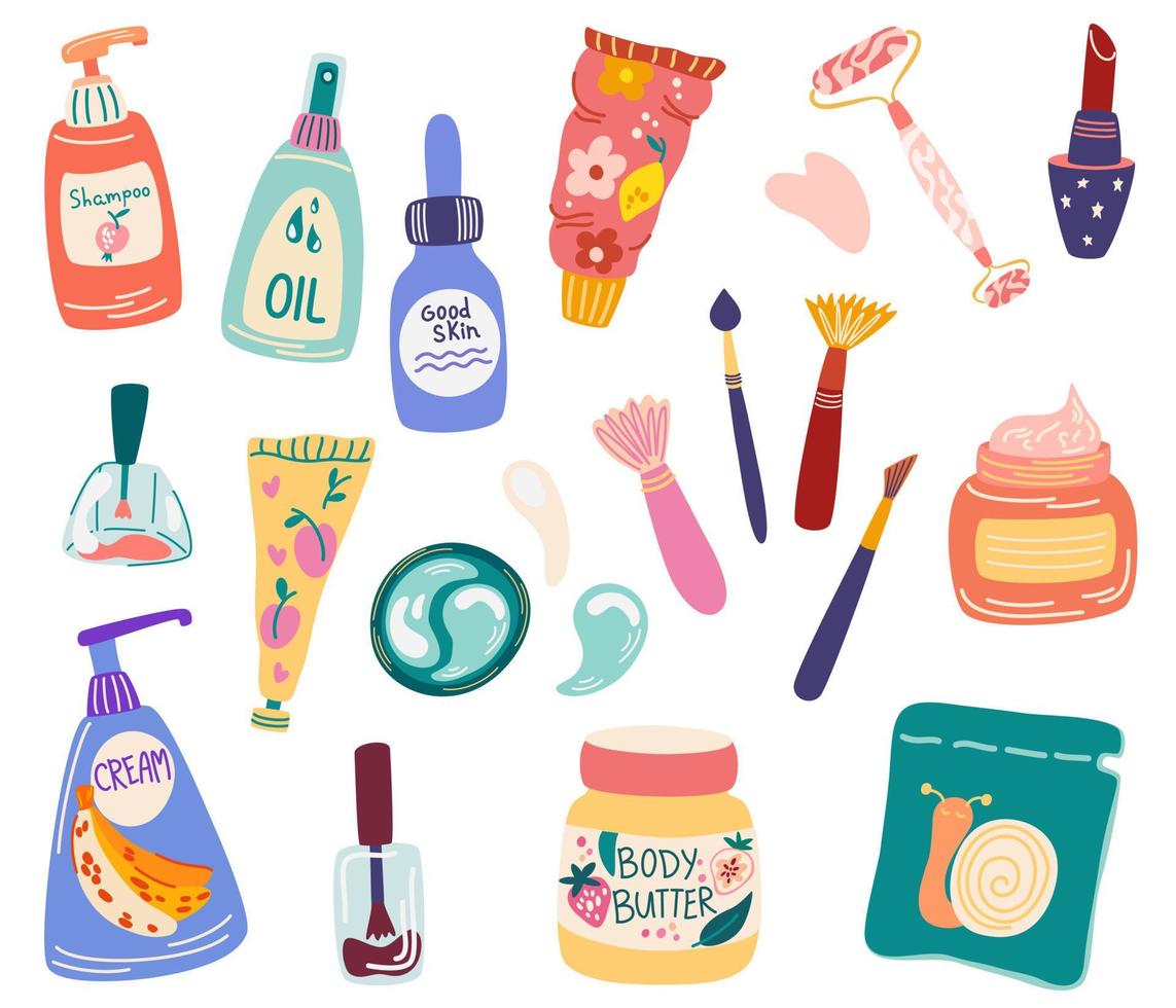 Set of cosmetics. Personalized beauty products. Shampoo, Cream, Face Mask, Patches, Lipstick, Oil, Makeup Brushes, Massage Roller. Skin products clipart. Facial and body skin care. Vector