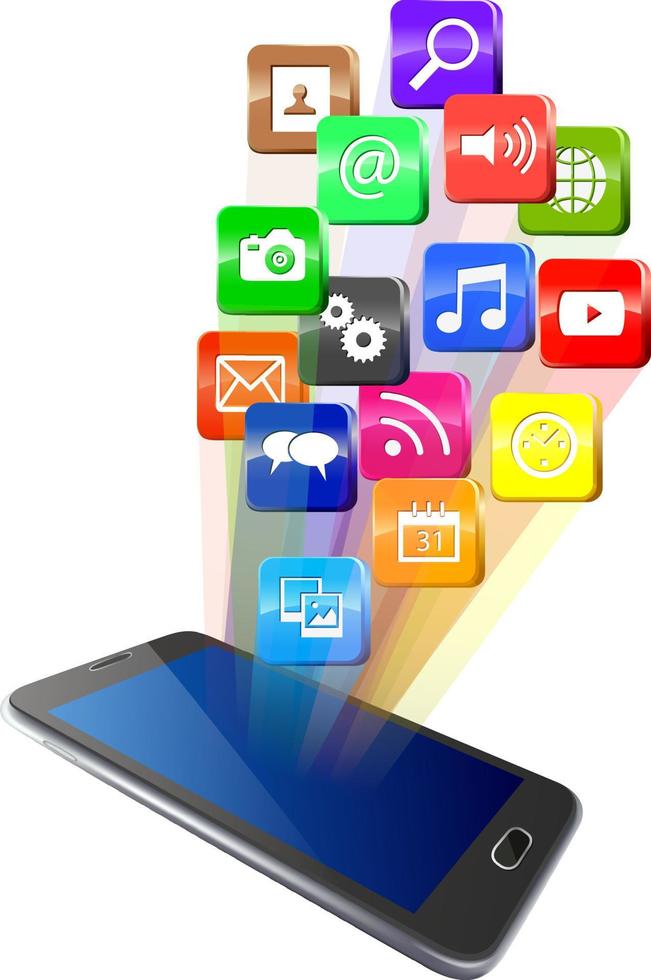Touchscreen smartphone with cloud of colorful application icons vector