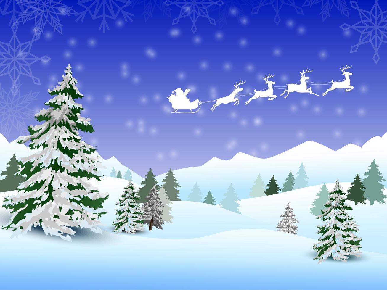 Santa's sleigh flying over the town and snow land vector