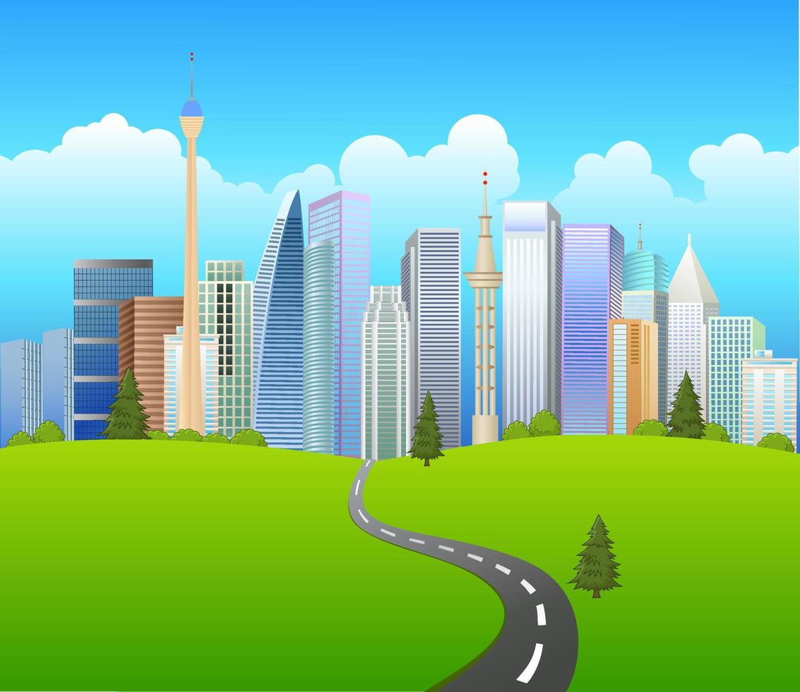 Skyscrapers business center not far from countryside with clean green grass. Grass collection. vector