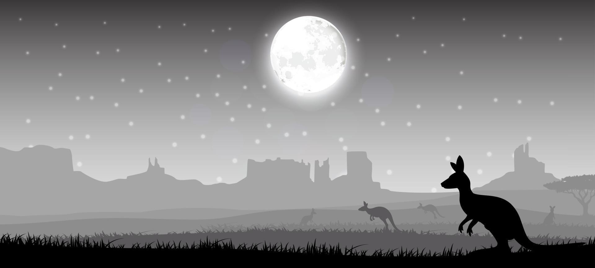 Silhouette a kangaroo the feeding in the bright night. Vector