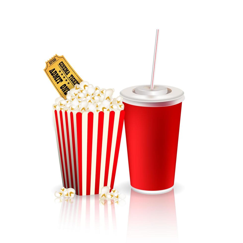 Popcorn, drink and tickets vector