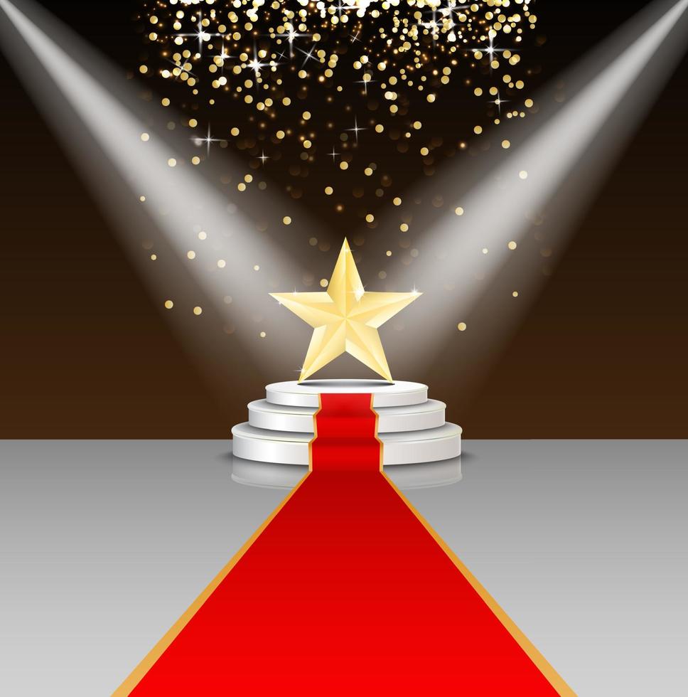 Stage podium with red carpet and star on brown background vector