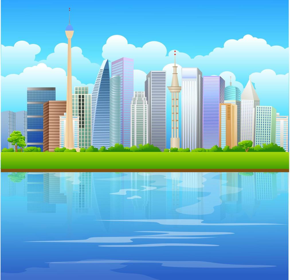 futuristic modern building with river and urban vector background