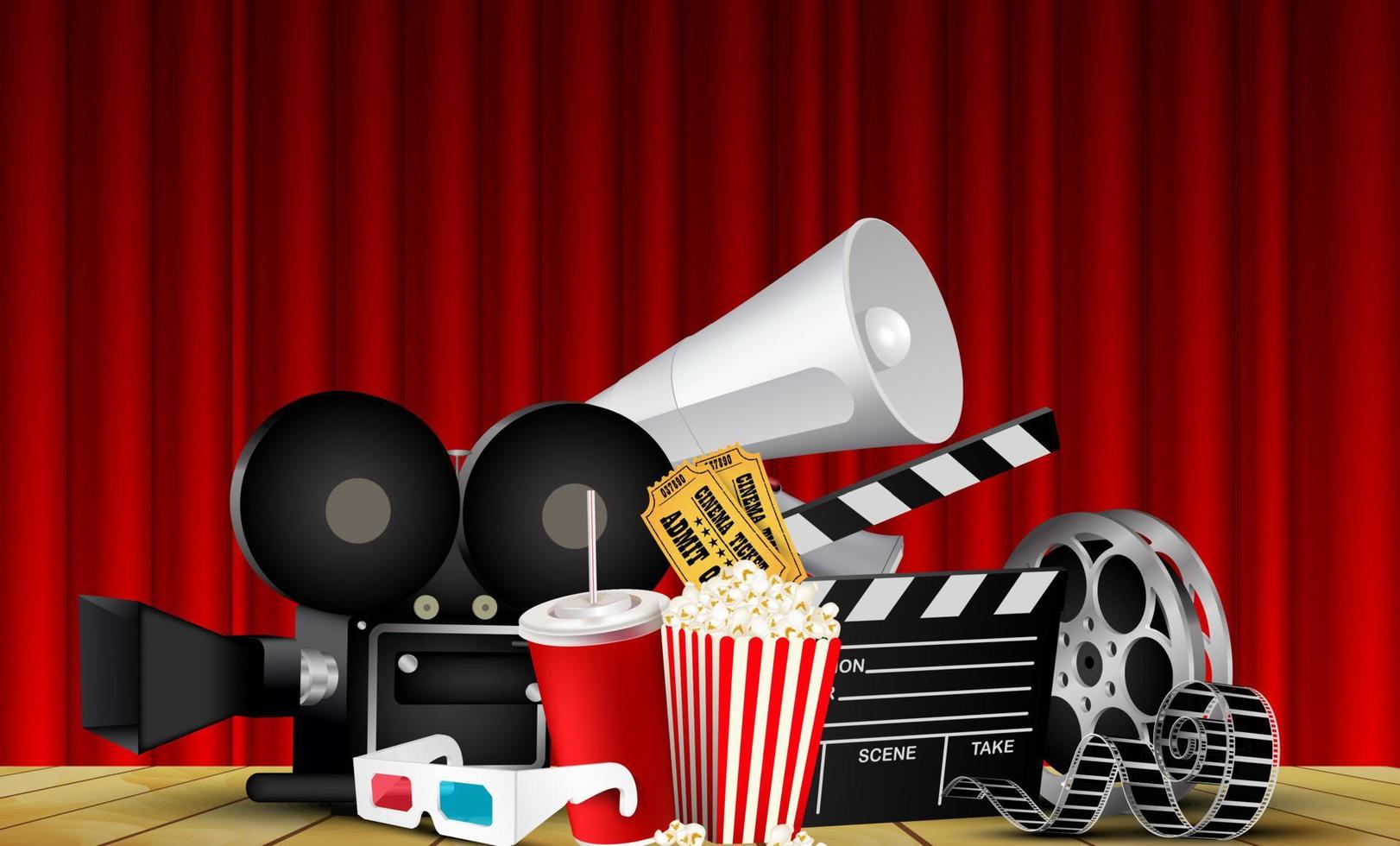 Red curtain cinema films and popcorn on the stage vector