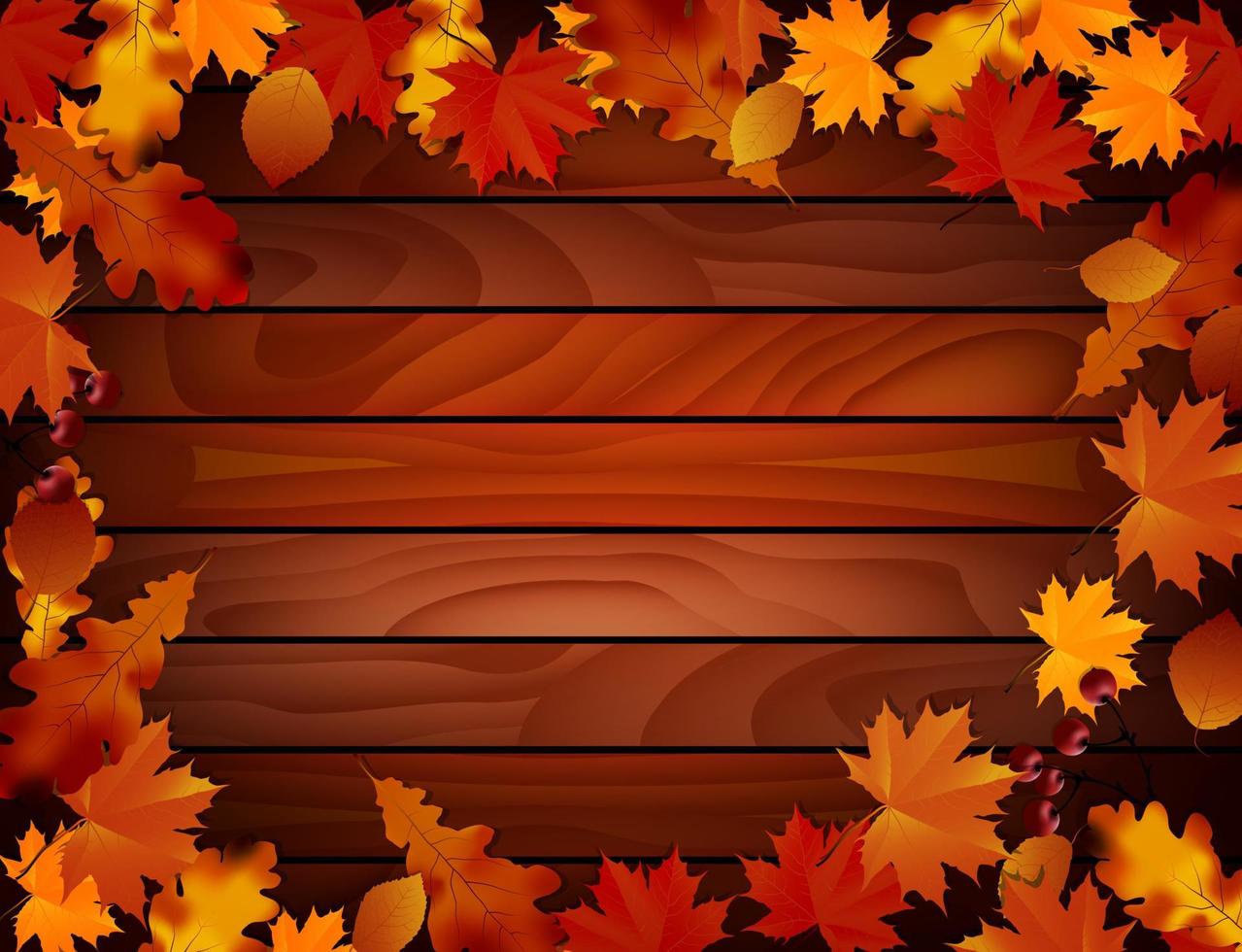 fondo grunge con hojas de otoño de tablones de madera. vector