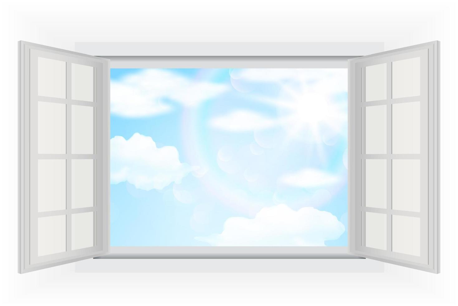 Open window, with real bright sunlight, clouds and blue sky. Vector illustrations