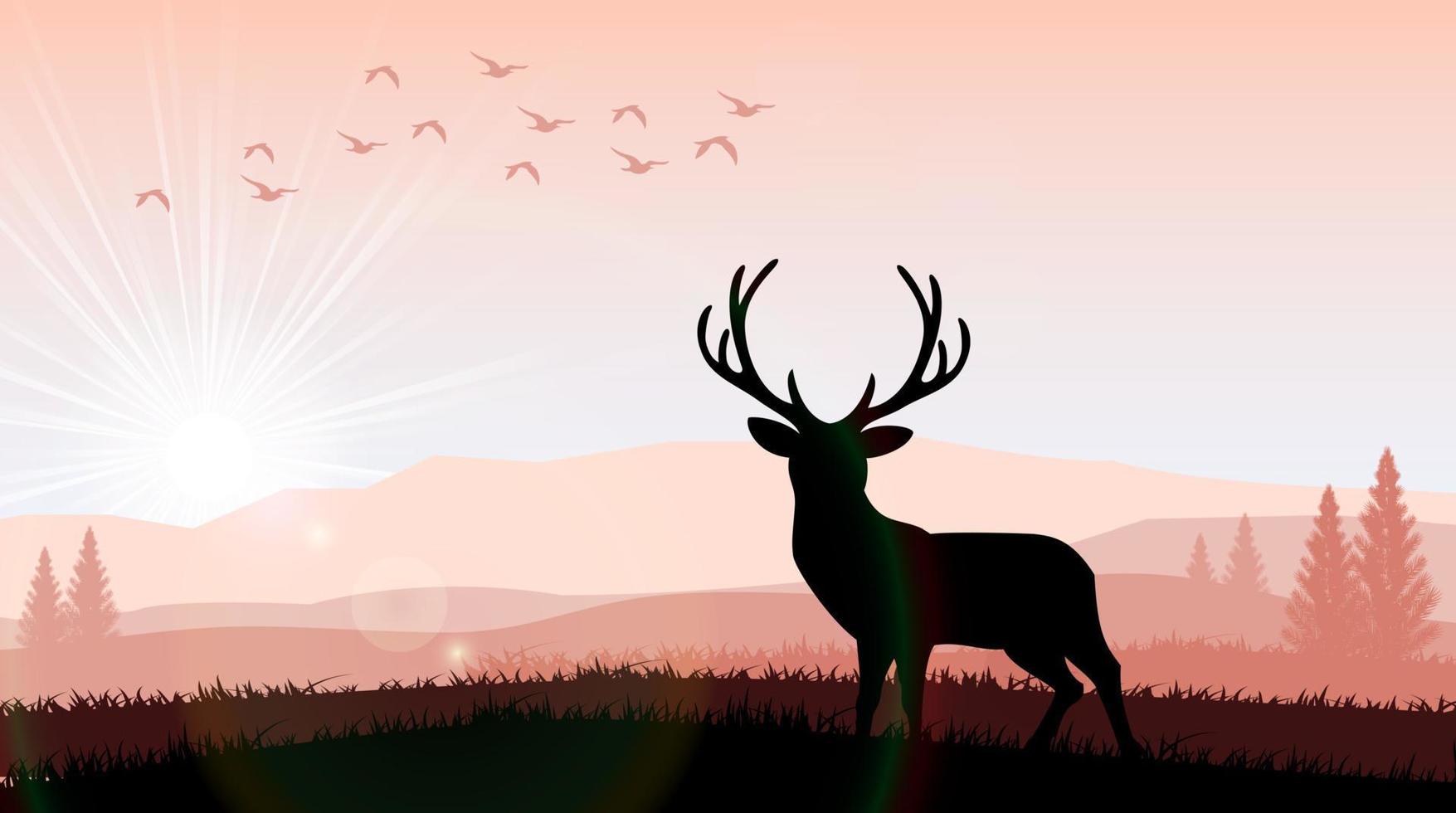 Silhouette a deer the feeding in the bright sunset. Vector
