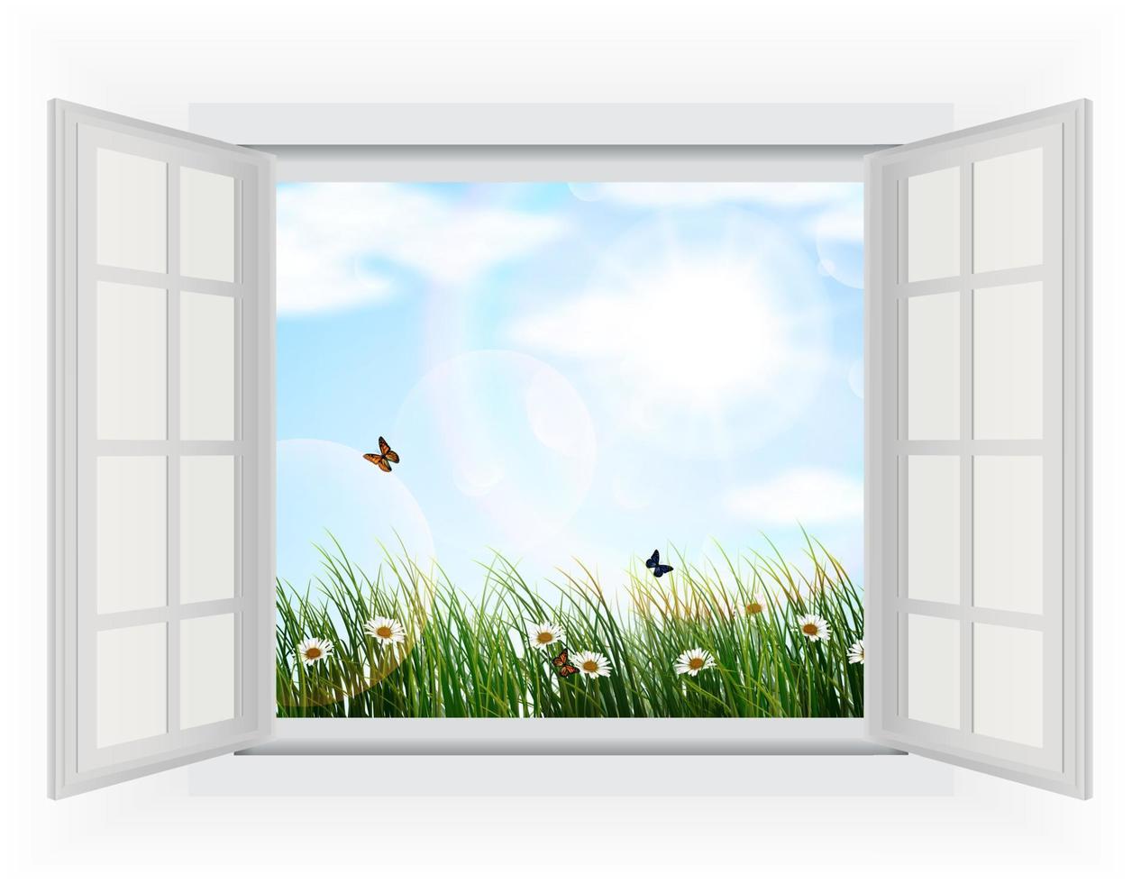 abre la ventana en la habitación con vistas a las flores, mariposas, arcoíris y luz solar fresca por la mañana. vector