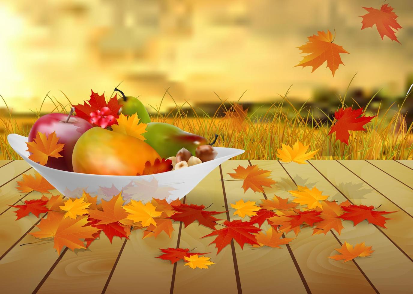 fruits and autumn leaves on a plate on wooden table on a background of the field. Vector