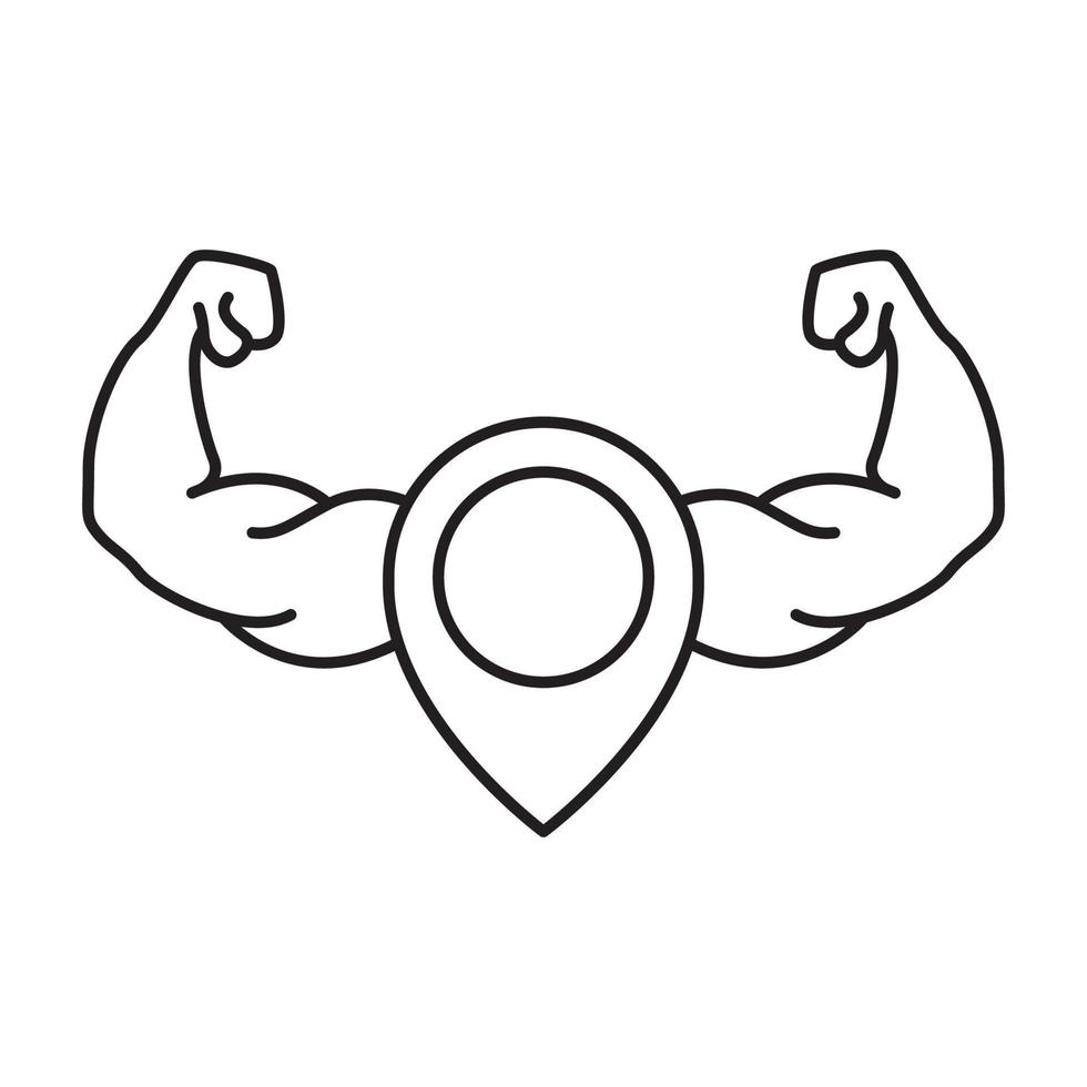 línea mano fuerte gimnasio con pin mapa ubicación logotipo símbolo icono vector gráfico diseño ilustración idea creativa