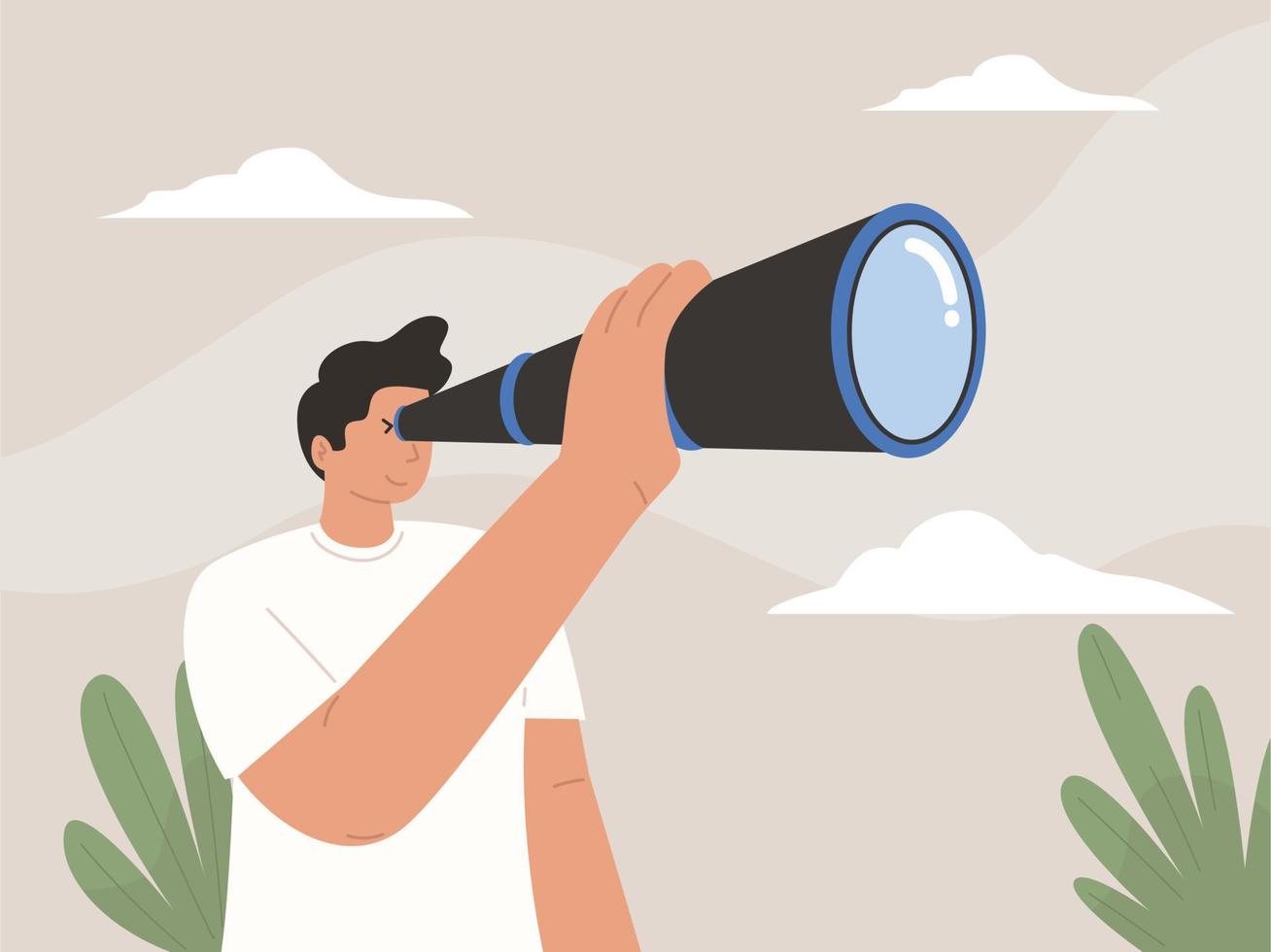 Young curious woman holding binoculars in hand and looking far away vector