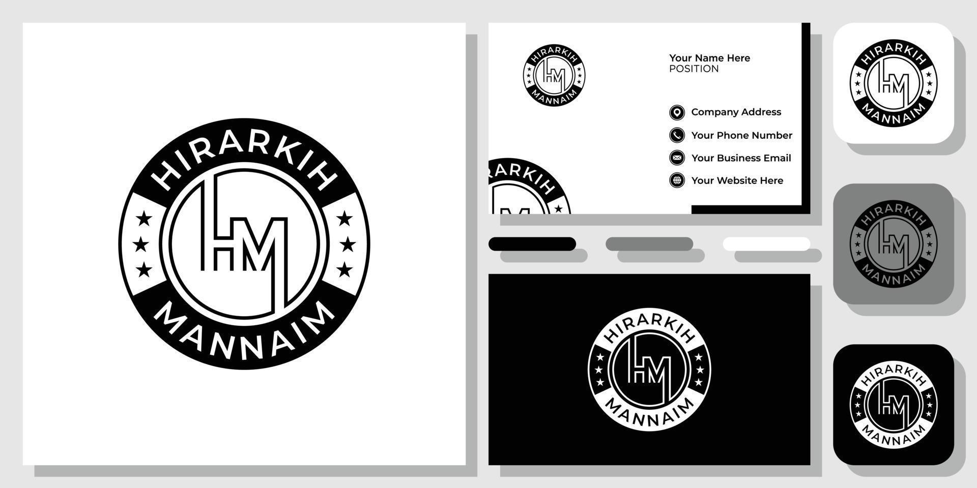 Initials Letter HM MH Monogram Vintage Stamp Circle Label Logo Design with Business Card Template vector