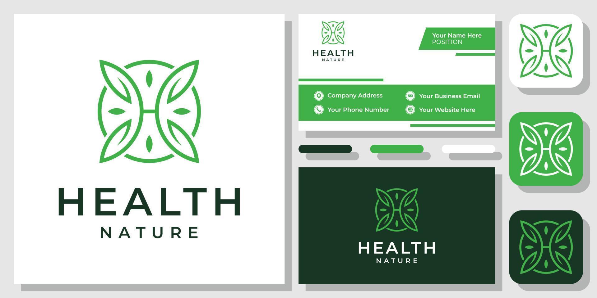 Initial Letter H Leaf Green Nature Health Circle Organic Plant Flower Logo Design with Business Card Template vector