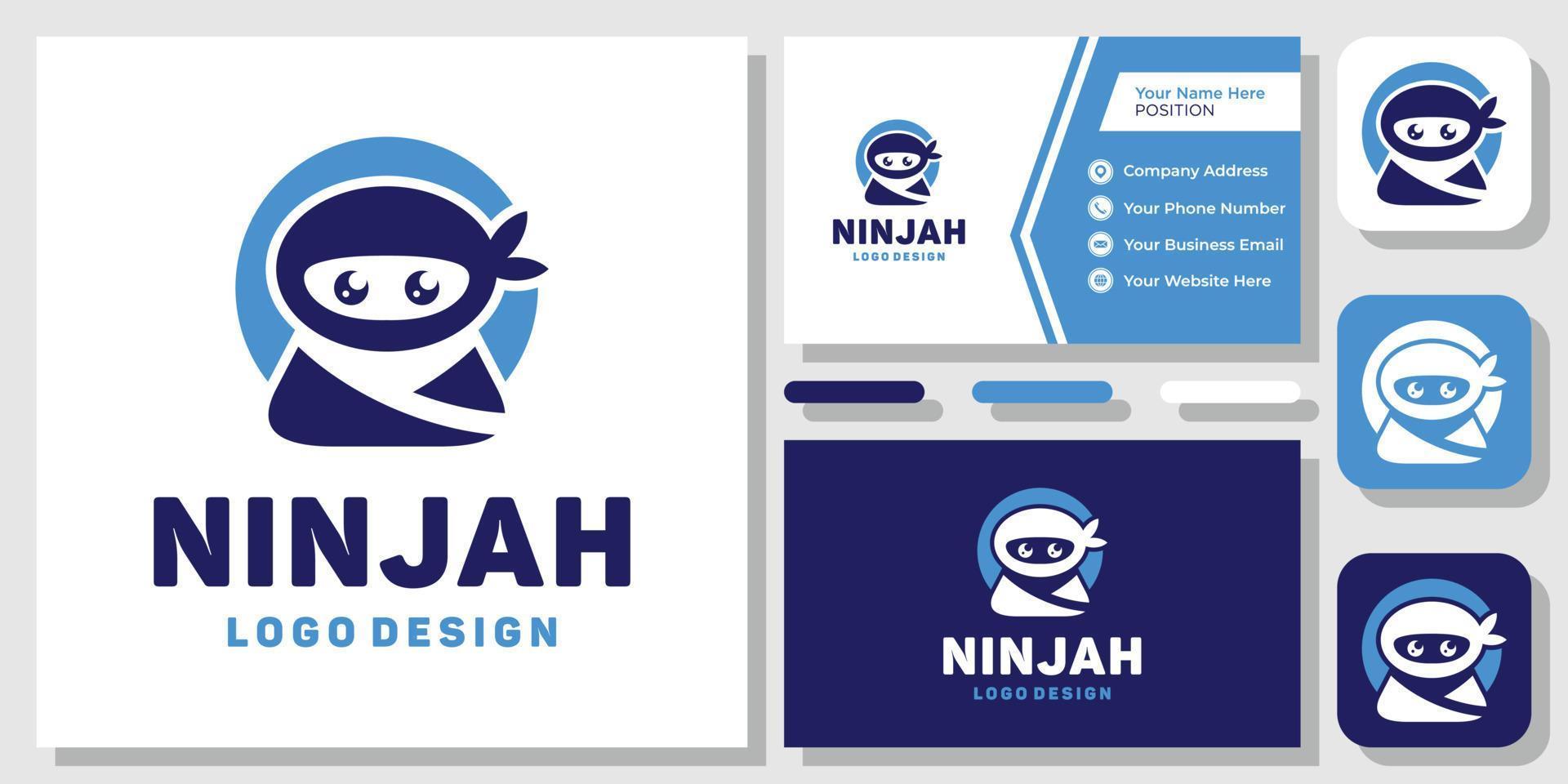 Cute Ninja Cartoon Character Kawaii Katana Warrior Japan Logo Design with Business Card Template vector