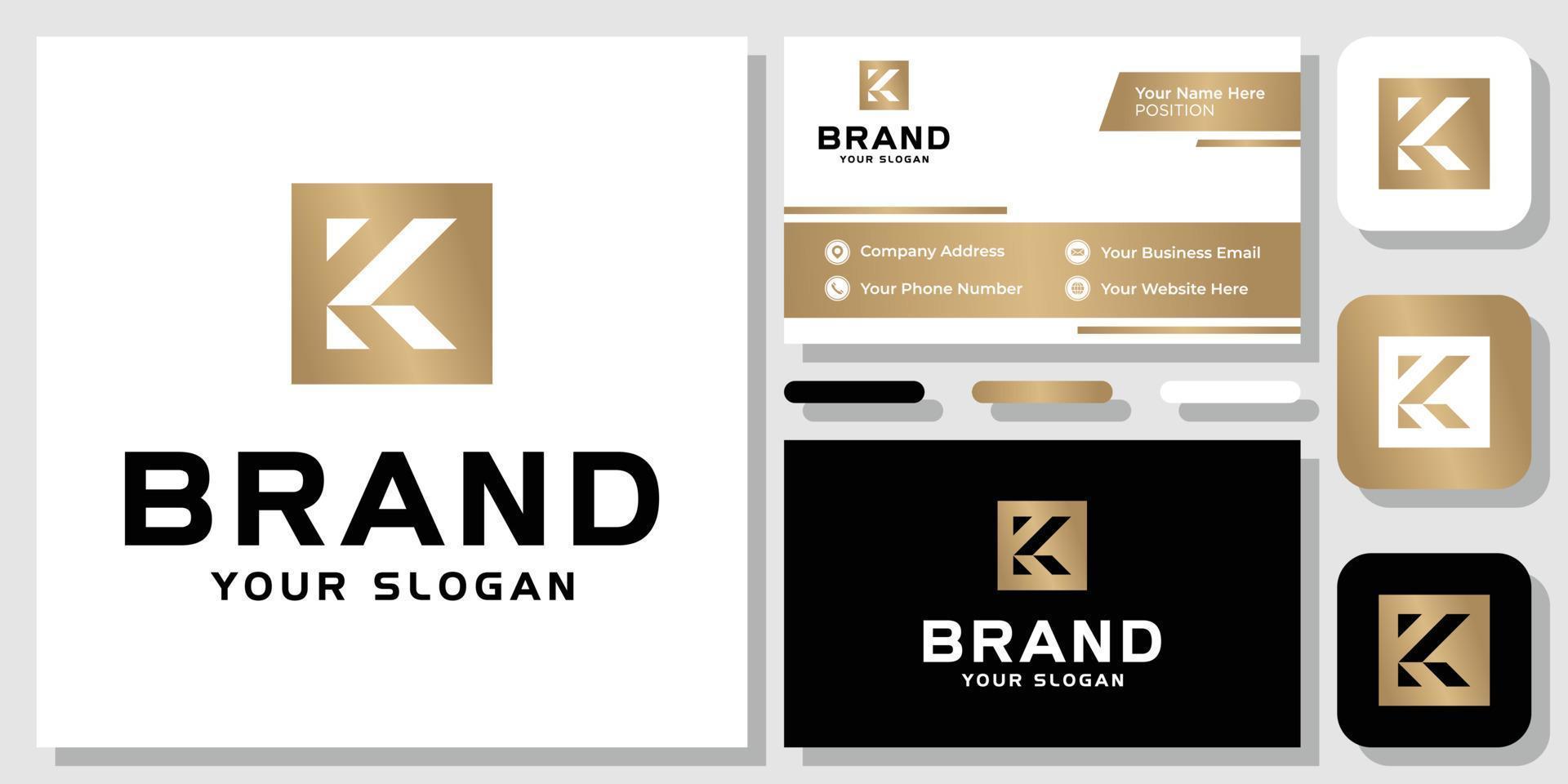 Initial Letter K Square Box Gold Golden Luxury Abstract Logo Design with Business Card Template vector