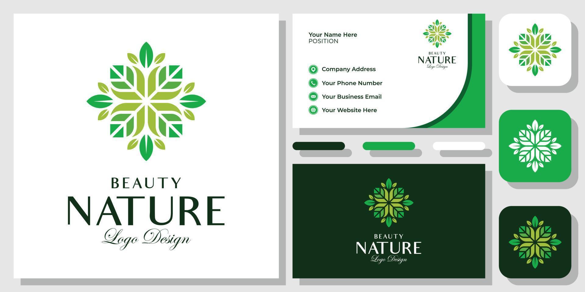 naturaleza hoja orgánica verde planta árbol salud vida eco moderno diseño de logotipo con plantilla de tarjeta de visita vector