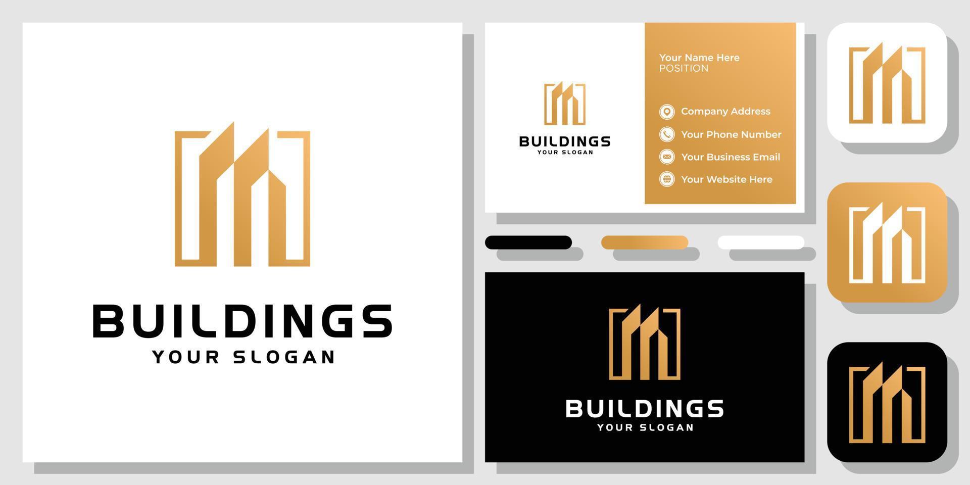 Abstract Buildings Gold Luxury Apartment Tower City Real Estate Logo Design with Business Card Template vector