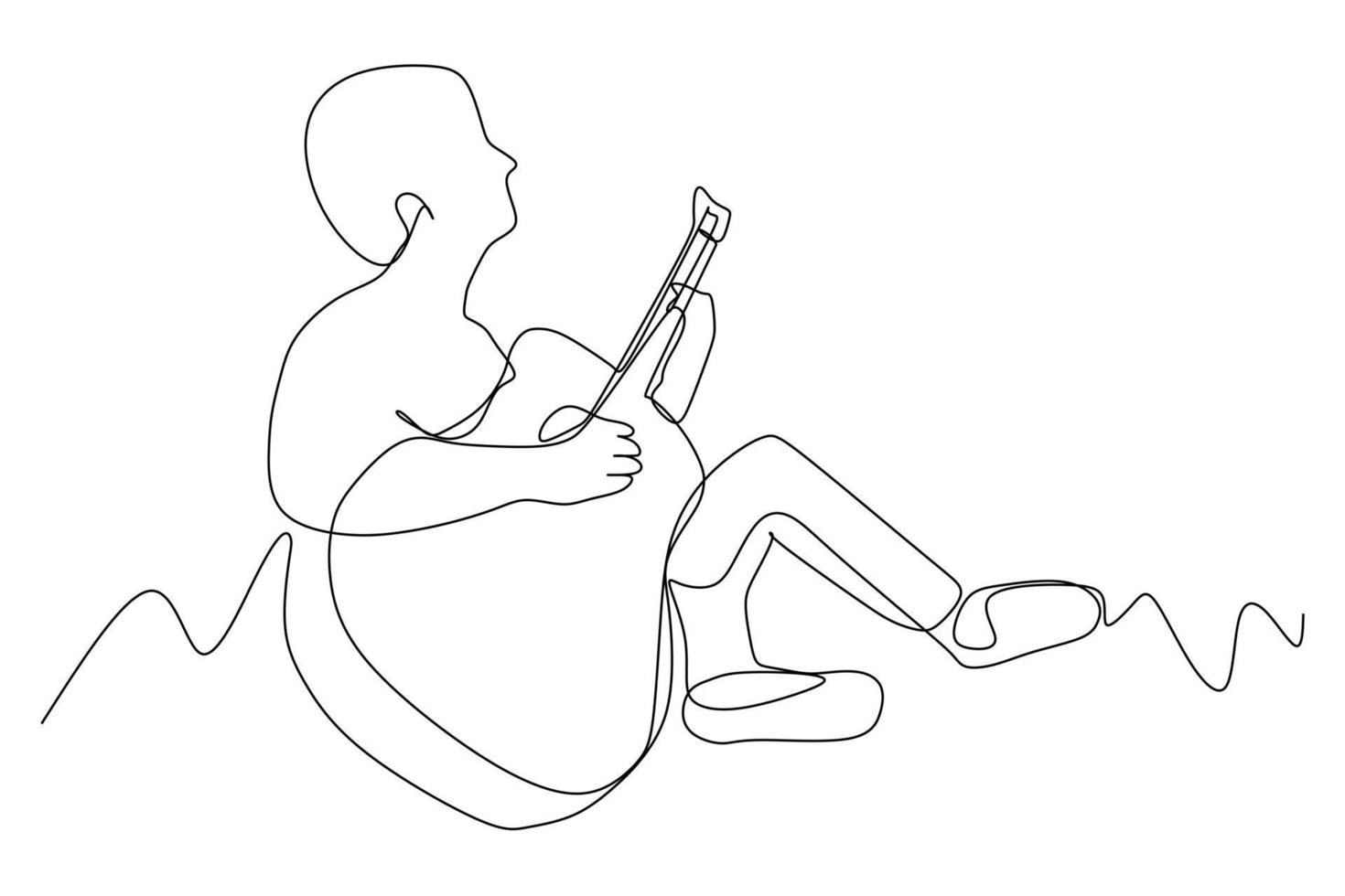 dibujo de línea continua de guitarrista sentado tocando guitarra. concepto de impresión de póster de arte de decoración de pared de hogar musical. Ilustración de vector de diseño de dibujo de una línea moderna