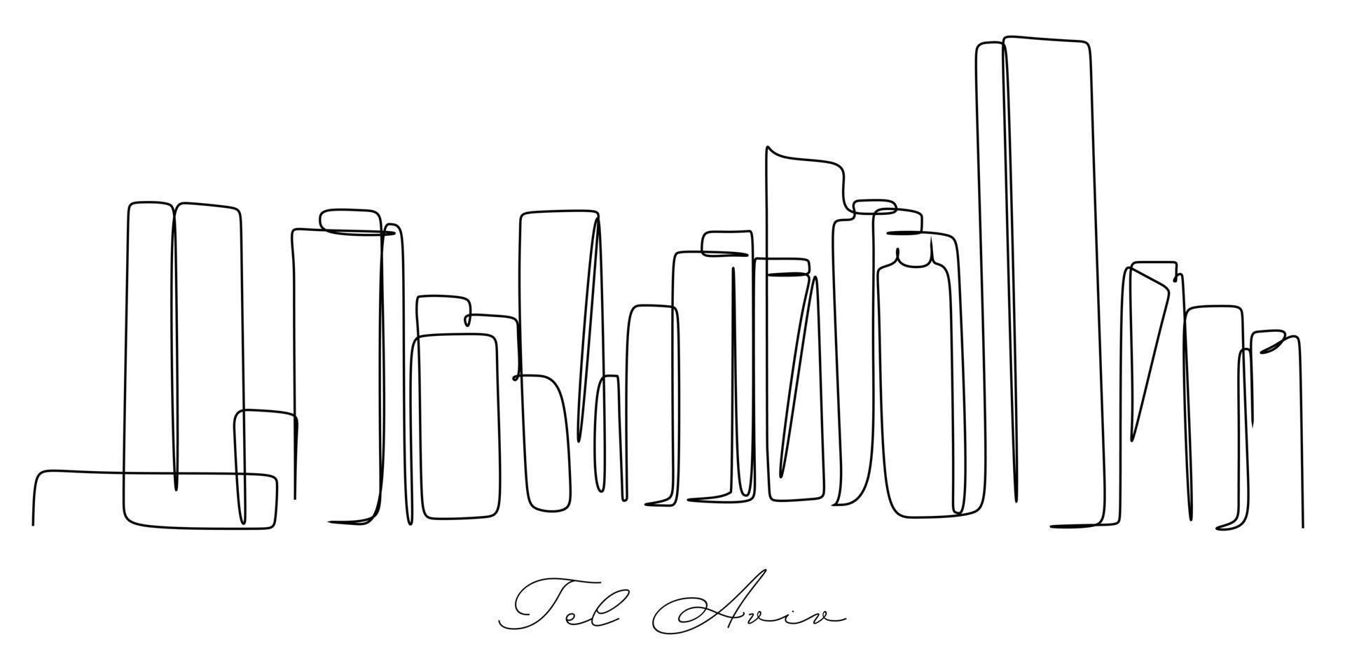 Single continuous line drawing of Tel Aviv Israel. Famous city scraper landscape. World travel home wall decor art poster print concept. Modern one line draw design vector illustration