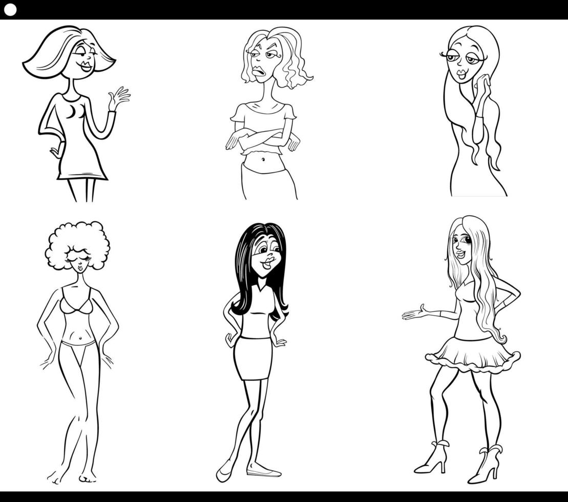 caricatura, mujer, divertido, caracteres, caricatura, conjunto vector