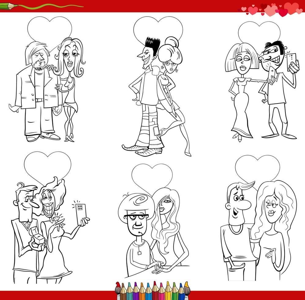 cartoon couples in love on Valentine Day coloring book page vector