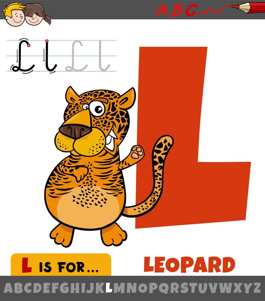 letter L from alphabet with cartoon leopard animal character vector