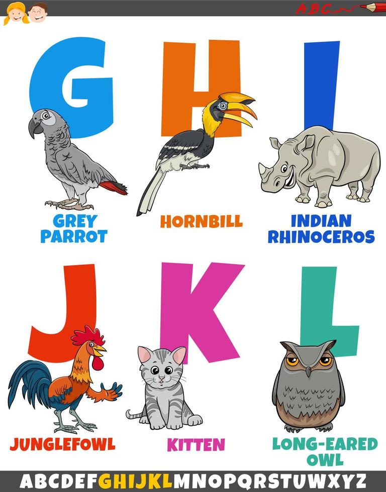 educational alphabet set with cartoon funny animal characters vector