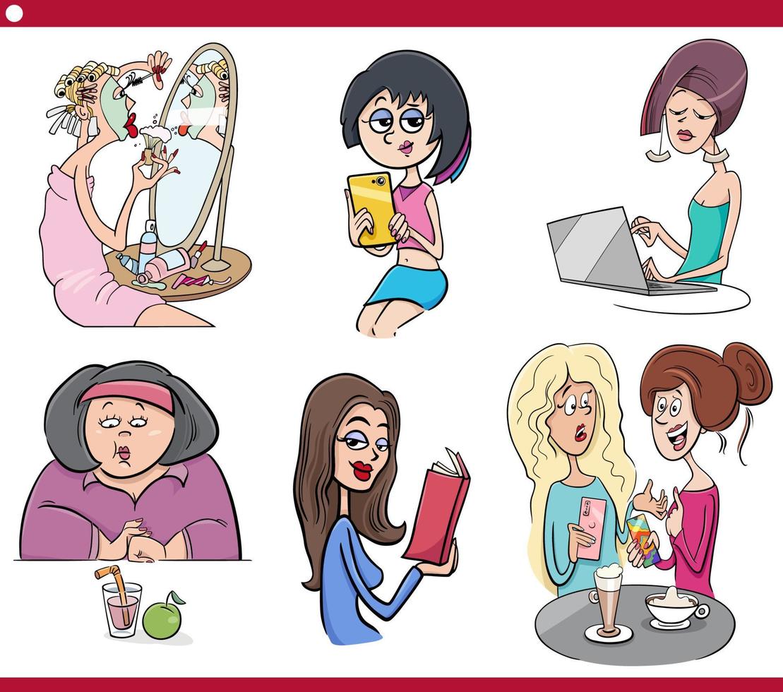 cartoon women comic characters set vector