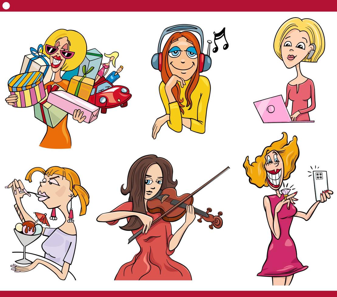 cartoon women funny characters set vector