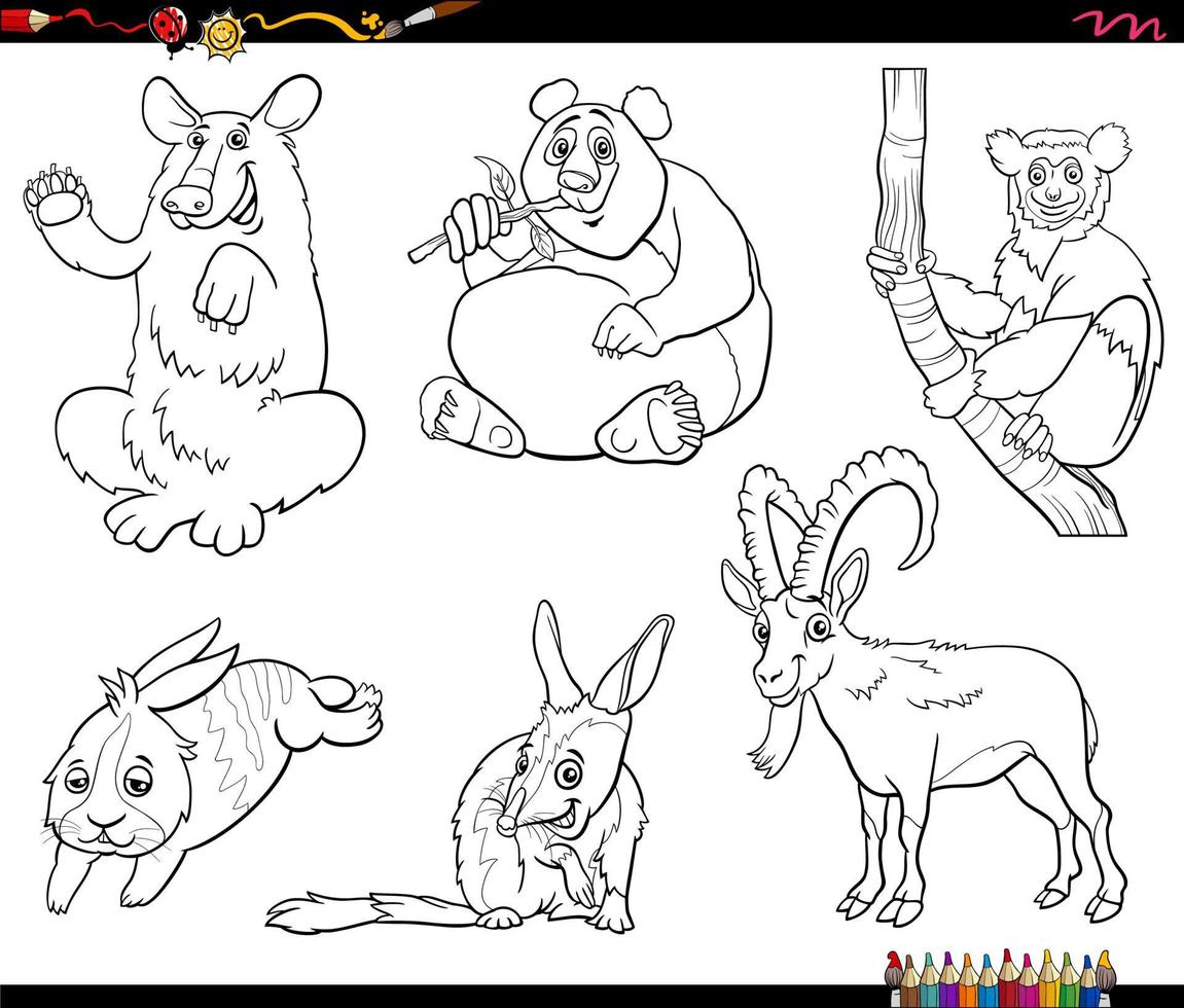 cartoon animals characters set coloring book page vector