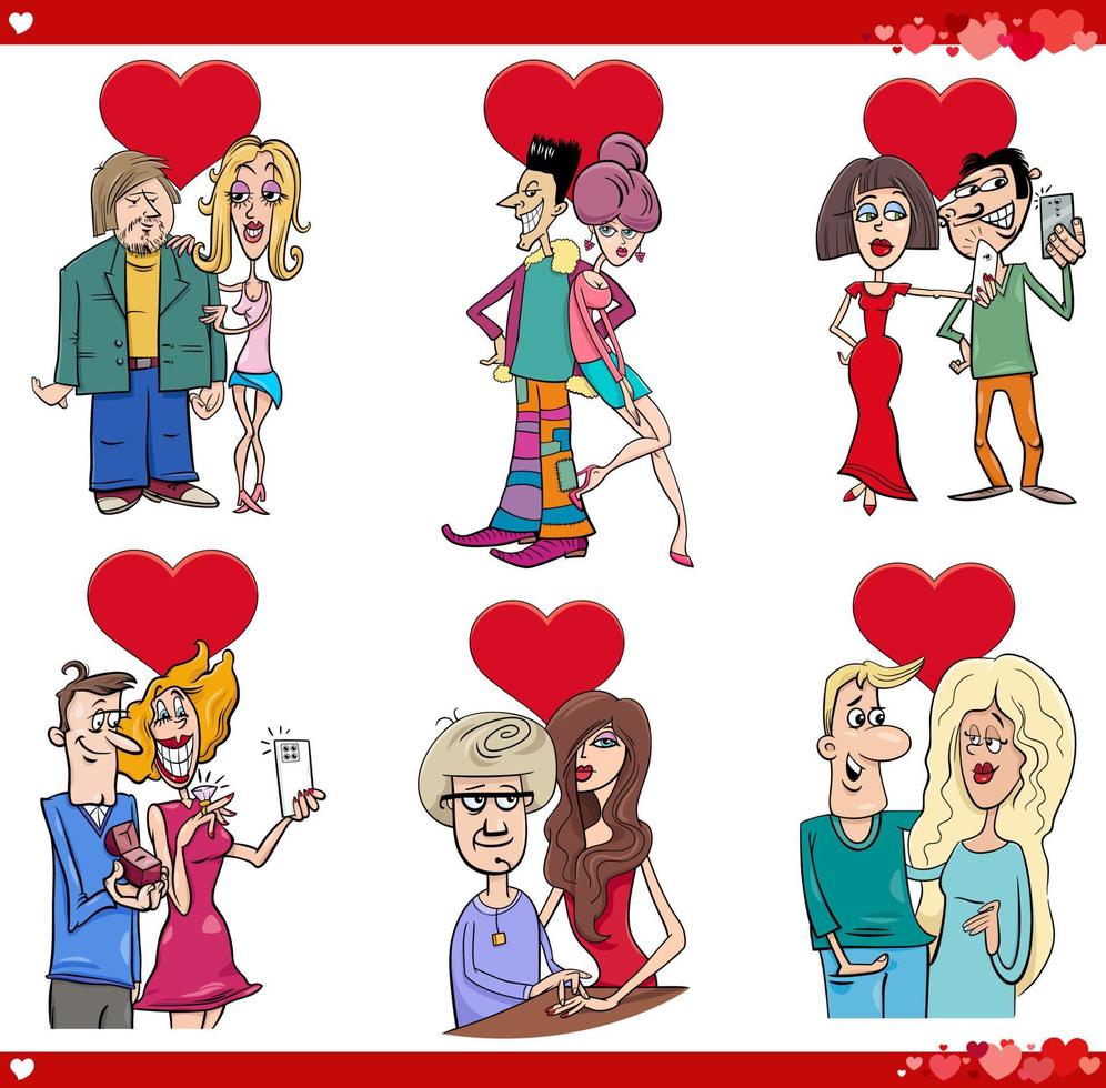 caricatura, parejas, enamorado, en, día de san valentín, conjunto vector