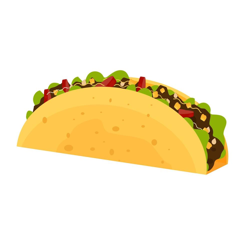 Ilustración de vector stock taco en estilo plano. comida típica mexicana, comida tradicional, merienda, aislada de fondo blanco. tacos de comida rapida.